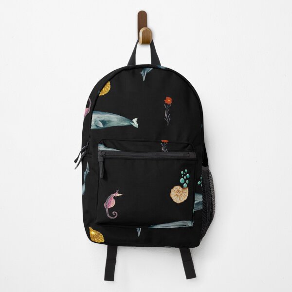 Item preview, Whale shell sea horse seamless watercolor pattern black designed and sold by Yana Mustafina | Boho Soulful Designs.