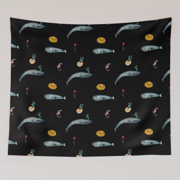 Item preview, Whale shell sea horse seamless watercolor pattern black designed and sold by Yana Mustafina | Boho Soulful Designs.