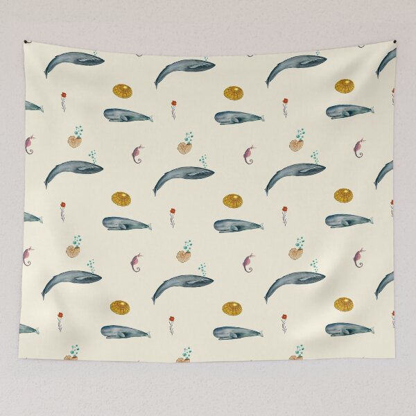 Item preview, Whale shell sea horse seamless watercolor pattern beige designed and sold by Yana Mustafina | Boho Soulful Designs.