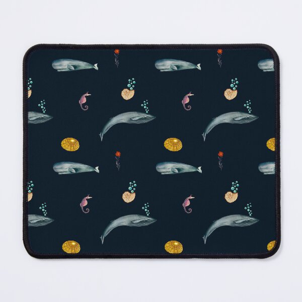 Item preview, Whale shell sea horse seamless watercolor pattern black indigo designed and sold by Yana Mustafina | Boho Soulful Designs.