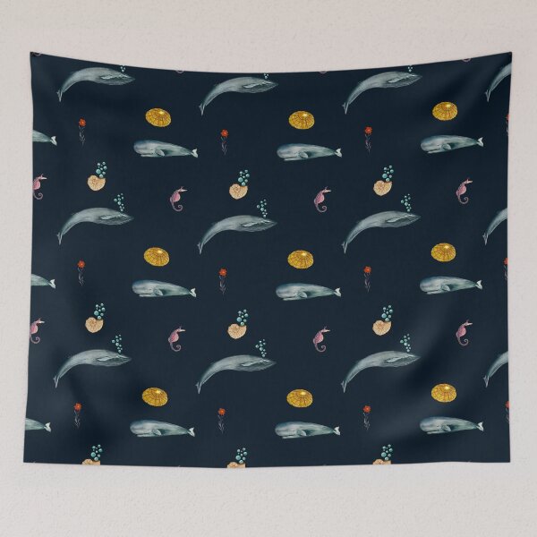 Item preview, Whale shell sea horse seamless watercolor pattern black indigo designed and sold by Yana Mustafina | Boho Soulful Designs.