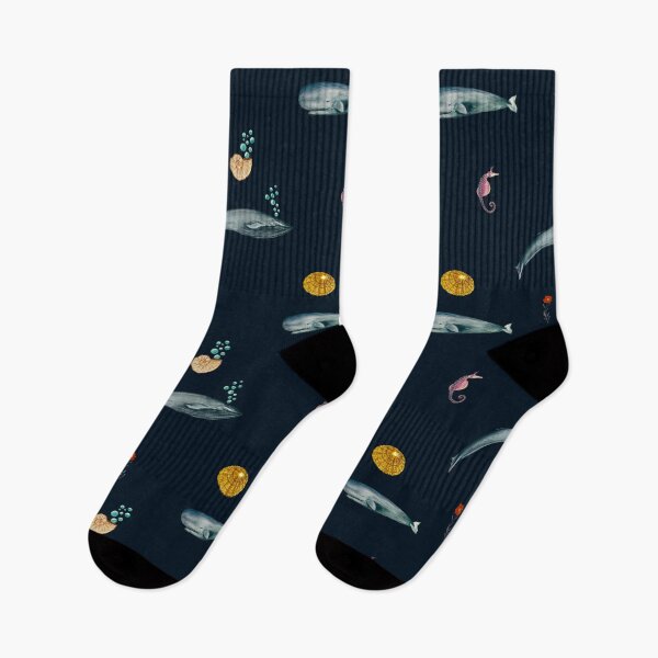 Item preview, Whale shell sea horse seamless watercolor pattern black indigo designed and sold by Yana Mustafina | Boho Soulful Designs.