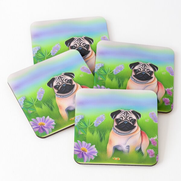 Item preview, watercolour pug, colourful pug, pug in fields, pug and flowers designed and sold by Doggymadness.