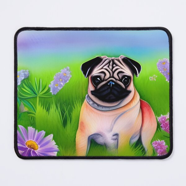 Item preview, watercolour pug, colourful pug, pug in fields, pug and flowers designed and sold by Doggymadness.