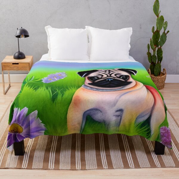 Item preview, watercolour pug, colourful pug, pug in fields, pug and flowers designed and sold by Doggymadness.
