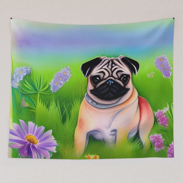 Item preview, watercolour pug, colourful pug, pug in fields, pug and flowers designed and sold by Doggymadness.