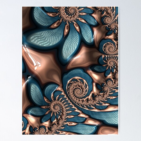Teal and Chocolate Swirl - Blue Brown Fractal Spirals Poster