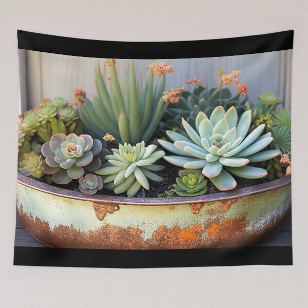 Item preview, Rustic Charm: A Vintage Wash Basin Overflowing with Lush Succulents designed and sold by ThreadofHonor.