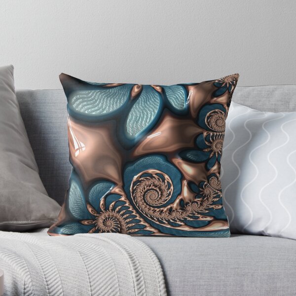 Teal and Chocolate Swirl - Blue Brown Fractal Spirals Throw Pillow