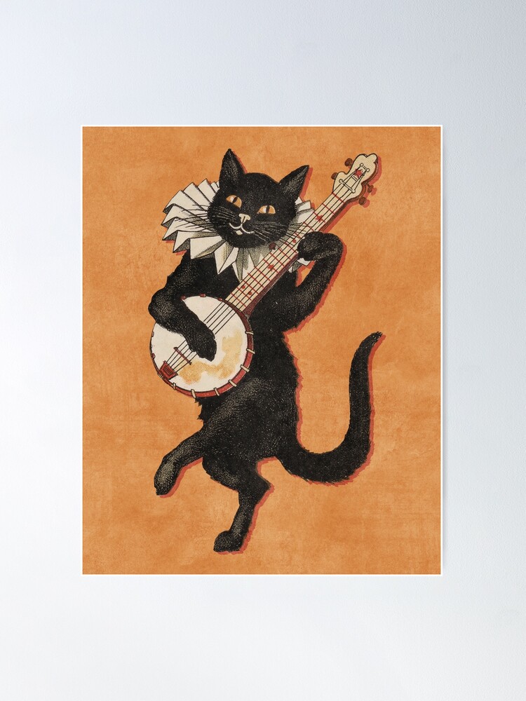 The Black Cat. Vintage Illustration of cat dancing and