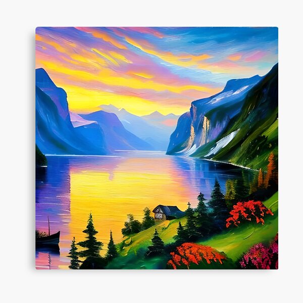 AI Watercolor Canvas Wall Painting Duck on a Lake Sunset Mountains