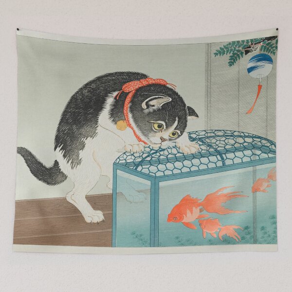 Item preview, Cat and Goldfish, c. 1928-1930 Ohara Shōson designed and sold by Gin  Neko.