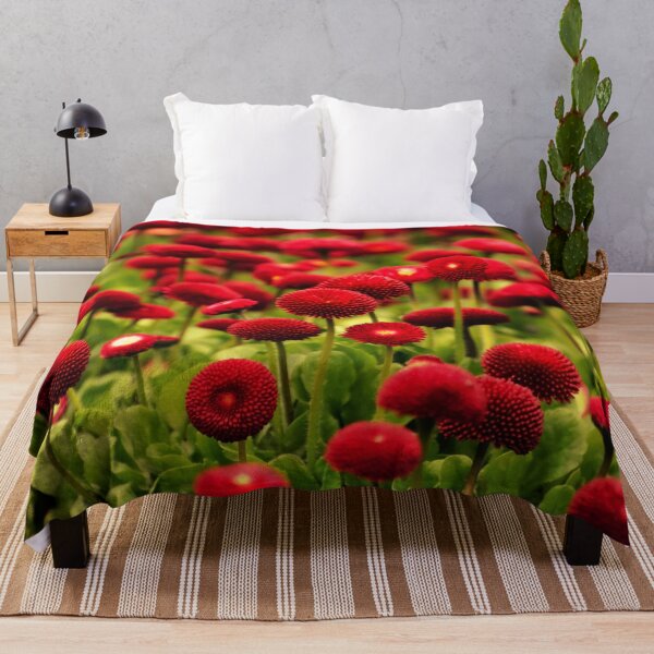 Item preview, red english daisy flowers in a field of grass designed and sold by fowons.
