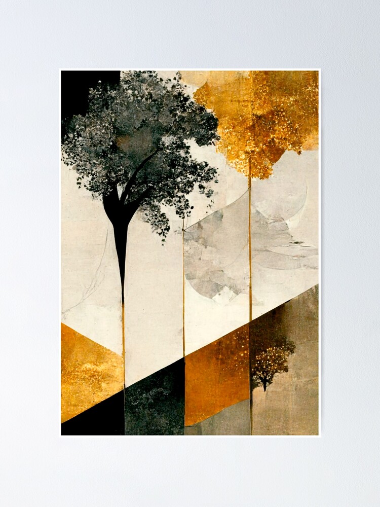 Beautiful abstract art, with trees and landscape in gold, beige and black.  \
