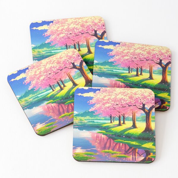 Item preview, pink cherry trees by the pond anime scenery designed and sold by hedoniism-shop.