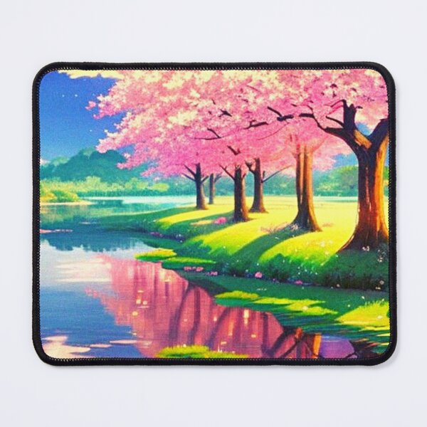 Item preview, pink cherry trees by the pond anime scenery designed and sold by hedoniism-shop.