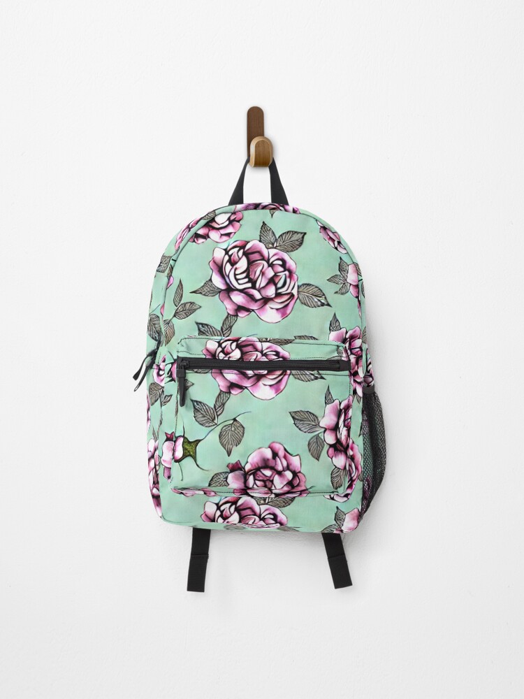 Thumbnail 1 of 3, Backpack, Pink Roses Aqua Background designed and sold by bimbys.