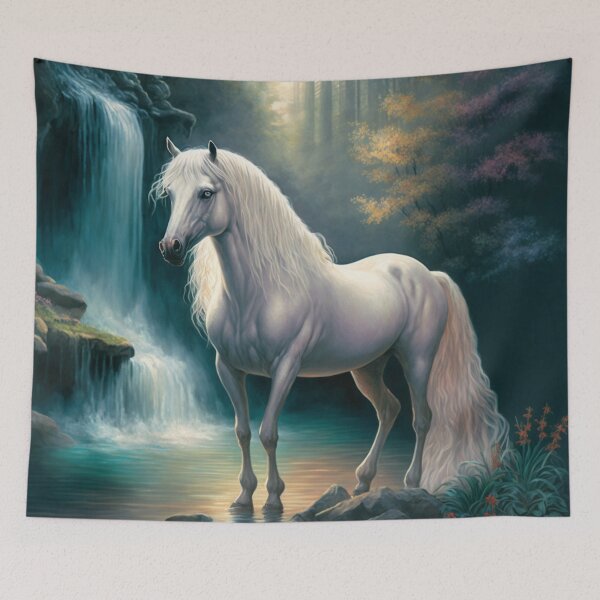 Item preview, White Horse with Flowing Mane and Blue Eyes Bathing in the Waterfall designed and sold by Dragonstrom.