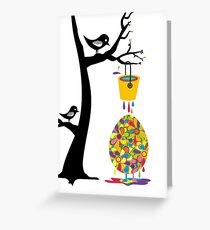 Cute birds in tree paint bucket painting Easter egg Greeting Card