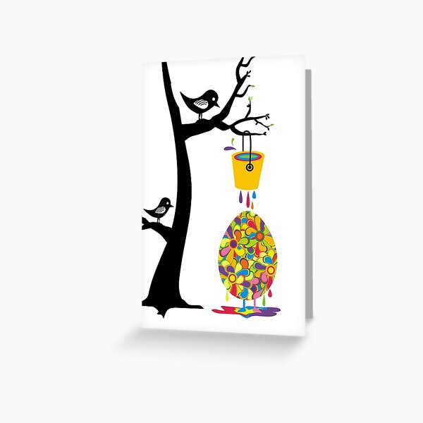 Cute birds in tree paint bucket painting Easter egg Greeting Card