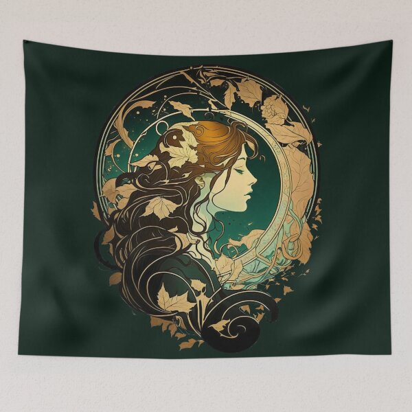 Item preview, Girl With Fall Autumn Leaves In Her Hair Art Nouveau Graphic Design designed and sold by entwithanaxe.