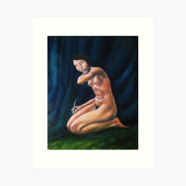 nude girl at stage curtain Art Print