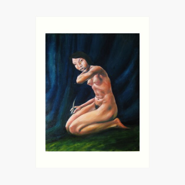 nude girl at stage curtain Art Print