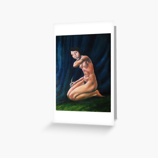 nude girl at stage curtain Greeting Card
