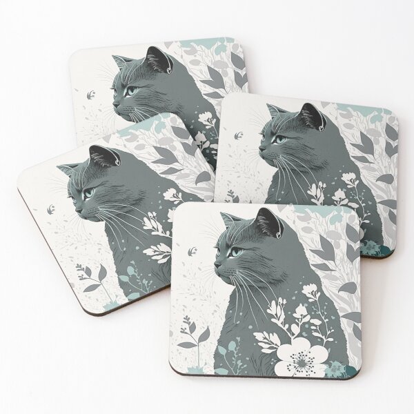 Item preview, Stylish Gray Cat Teal Floral designed and sold by AstraNovaStudio.