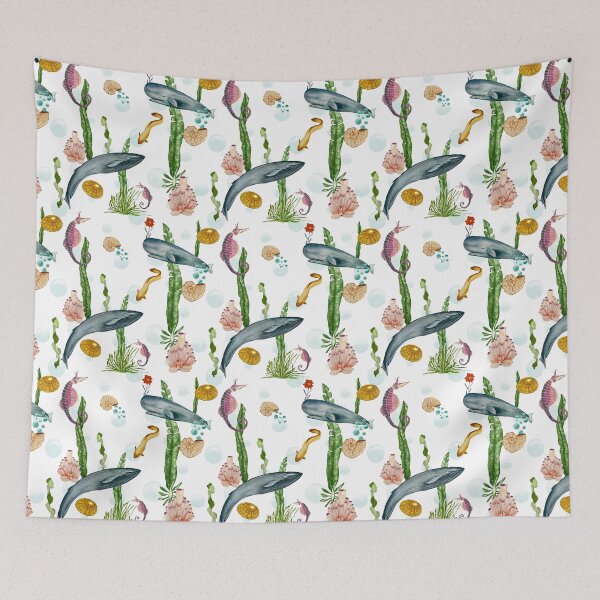 Item preview, Seashell reef coral whale sea watercolor pattern designed and sold by Yana Mustafina | Boho Soulful Designs.