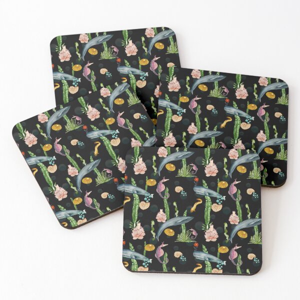 Item preview, Seashell reef coral whale sea watercolor pattern black designed and sold by Yana Mustafina | Boho Soulful Designs.
