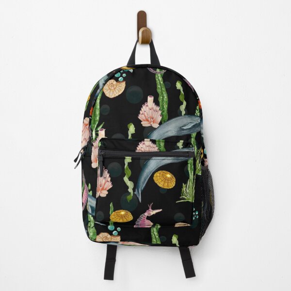 Item preview, Seashell reef coral whale sea watercolor pattern black designed and sold by Yana Mustafina | Boho Soulful Designs.