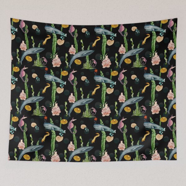 Item preview, Seashell reef coral whale sea watercolor pattern black designed and sold by Yana Mustafina | Boho Soulful Designs.