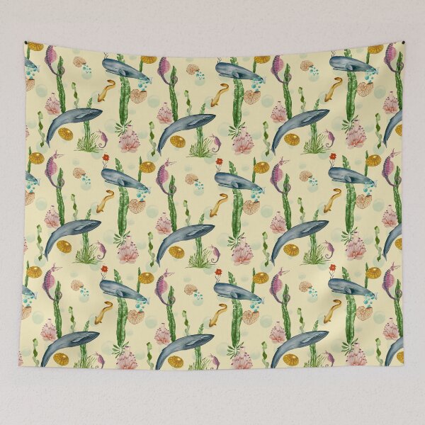 Item preview, Seashell reef coral whale sea watercolor pattern beige designed and sold by Yana Mustafina | Boho Soulful Designs.
