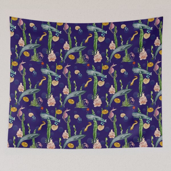 Item preview, Seashell reef coral whale sea watercolor pattern blue designed and sold by Yana Mustafina | Boho Soulful Designs.