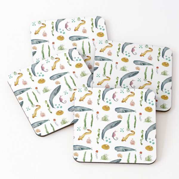 Item preview, Eel whale seaweed coral shell watercolor pattern designed and sold by Yana Mustafina | Boho Soulful Designs.