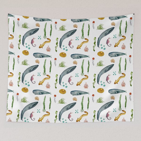 Item preview, Eel whale seaweed coral shell watercolor pattern designed and sold by Yana Mustafina | Boho Soulful Designs.