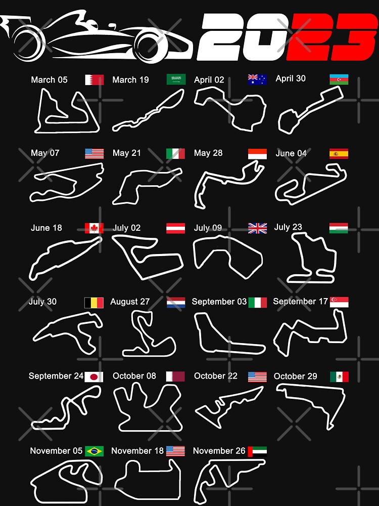 Disover Calendar Formula race cars 2023 circuits | Essential T-Shirt