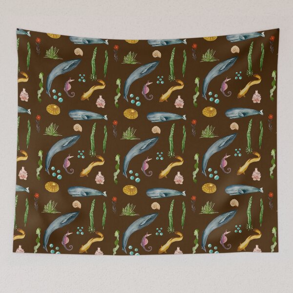Item preview, Eel whale seaweed coral shell watercolor pattern brown designed and sold by Yana Mustafina | Boho Soulful Designs.