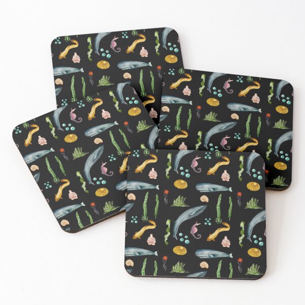 Item preview, Eel whale seaweed coral shell watercolor pattern black designed and sold by Yana Mustafina | Boho Soulful Designs.