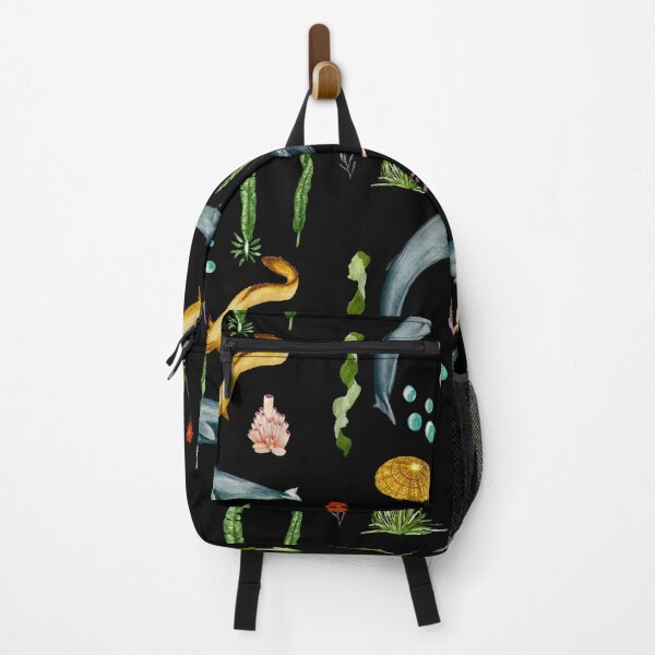 Item preview, Eel whale seaweed coral shell watercolor pattern black designed and sold by Yana Mustafina | Boho Soulful Designs.