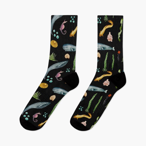 Item preview, Eel whale seaweed coral shell watercolor pattern black designed and sold by Yana Mustafina | Boho Soulful Designs.