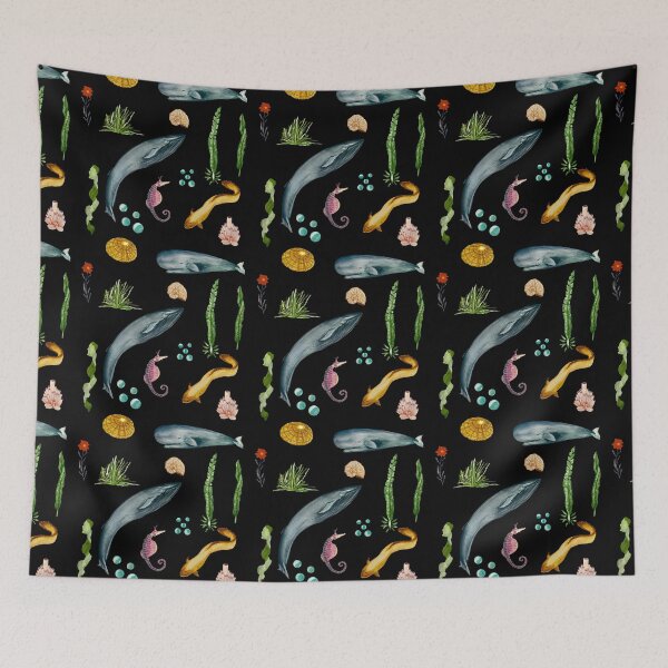 Item preview, Eel whale seaweed coral shell watercolor pattern black designed and sold by Yana Mustafina | Boho Soulful Designs.
