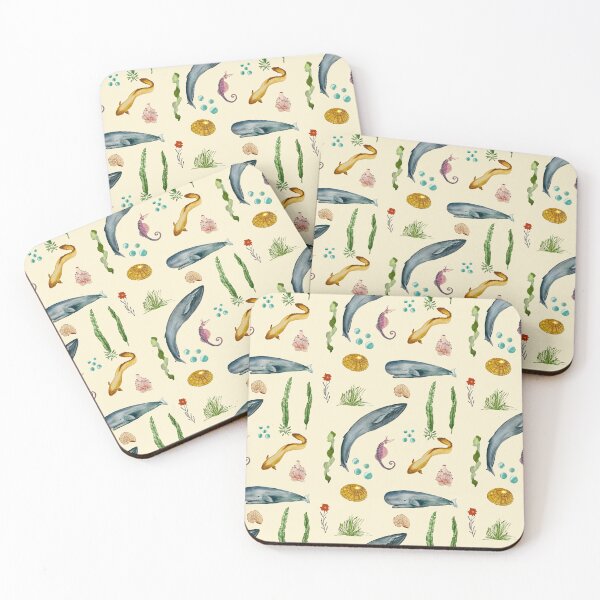 Item preview, Eel whale seaweed coral shell watercolor pattern beige designed and sold by Yana Mustafina | Boho Soulful Designs.