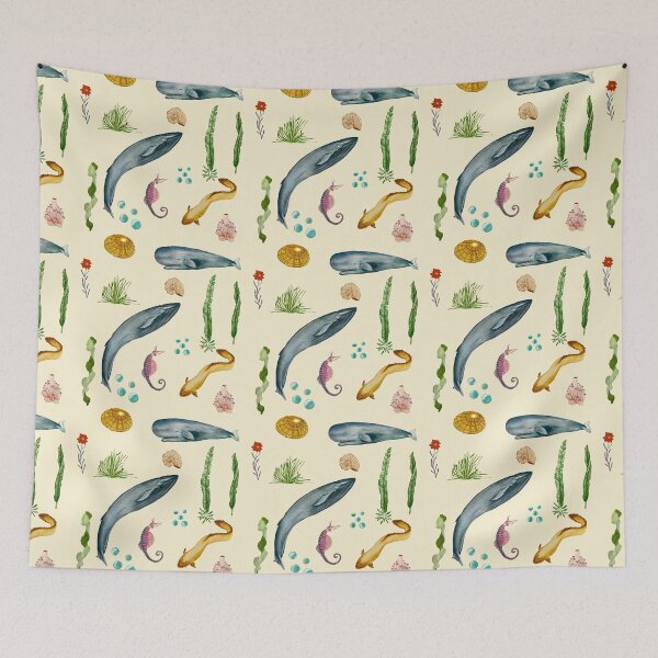 Item preview, Eel whale seaweed coral shell watercolor pattern beige designed and sold by Yana Mustafina | Boho Soulful Designs.