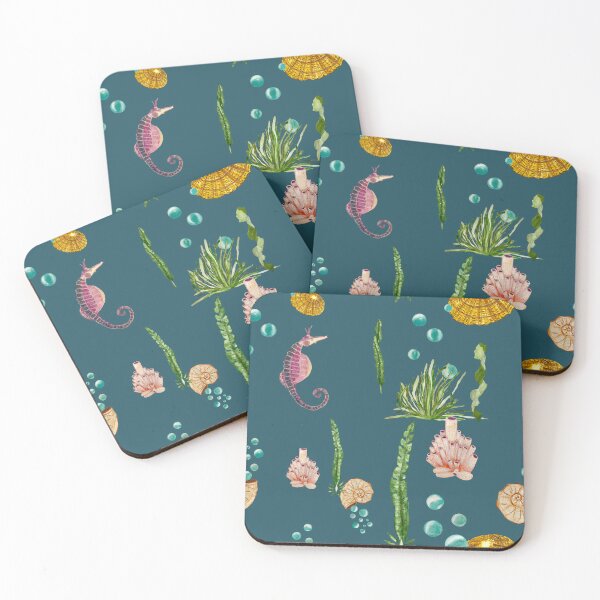 Item preview, Sea horse shell beige seaweed watercolor pattern blue designed and sold by Yana Mustafina | Boho Soulful Designs.