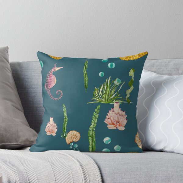 Item preview, Sea horse shell beige seaweed watercolor pattern blue designed and sold by Yana Mustafina | Boho Soulful Designs.