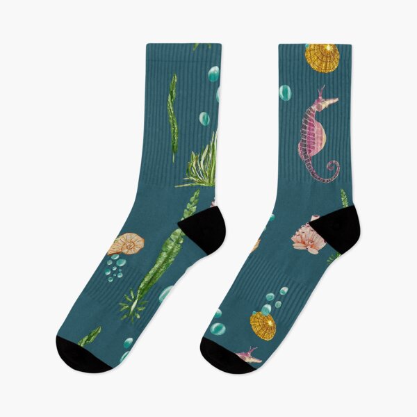 Item preview, Sea horse shell beige seaweed watercolor pattern blue designed and sold by Yana Mustafina | Boho Soulful Designs.