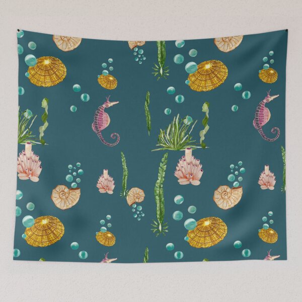 Item preview, Sea horse shell beige seaweed watercolor pattern blue designed and sold by Yana Mustafina | Boho Soulful Designs.