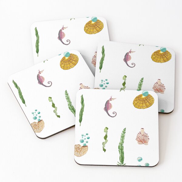 Item preview, Sea horse shell seaweed bubbles watercolor pattern designed and sold by Yana Mustafina | Boho Soulful Designs.